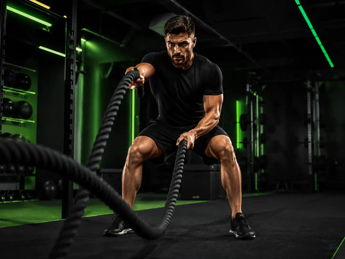 Aluno em treino funcional com cordas